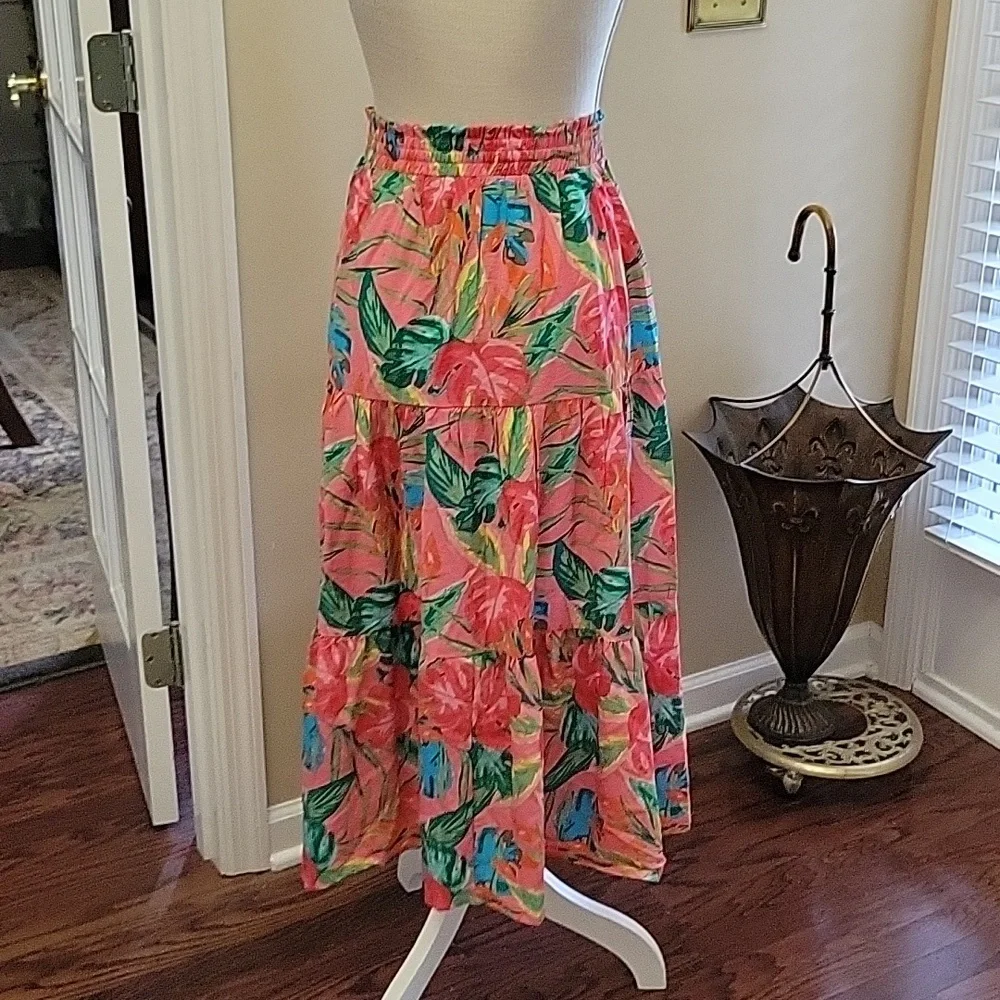 Dress Forum palm leaves floral tiered midi skirt shades of pink green Small NEW…